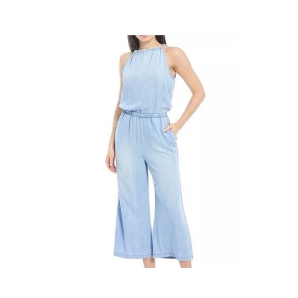 CLOTH & STONE Blue Lightwash Halter Neck Cropped Wide Leg Jumpsuit Pockets Sz XS - Picture 1 of 16